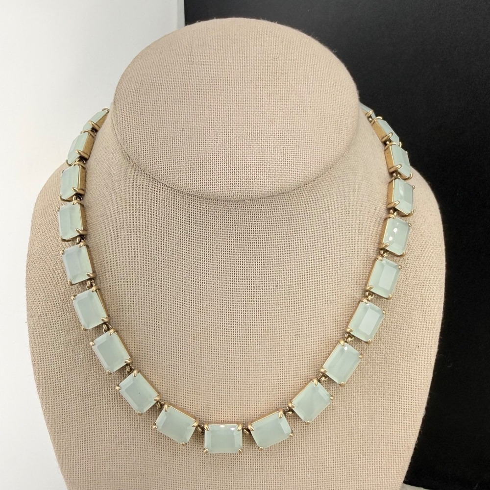 J. Crew Necklace Mint Green Faceted Glass Rectangular Gold Tone 17" READ